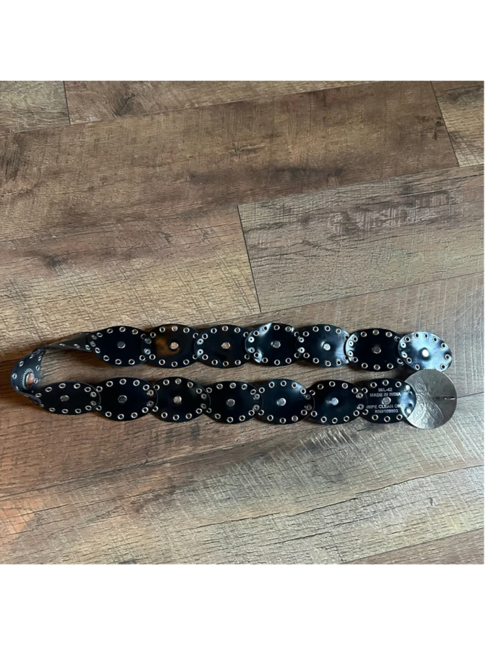 Women's Black Leather Belt with Silver Conchos and Gemstones, adjustable
